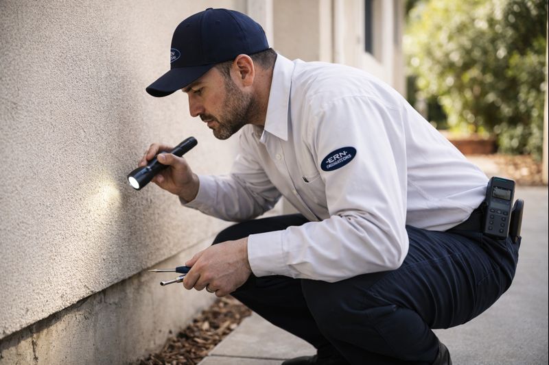 Technician inspecting home foundation outdoors