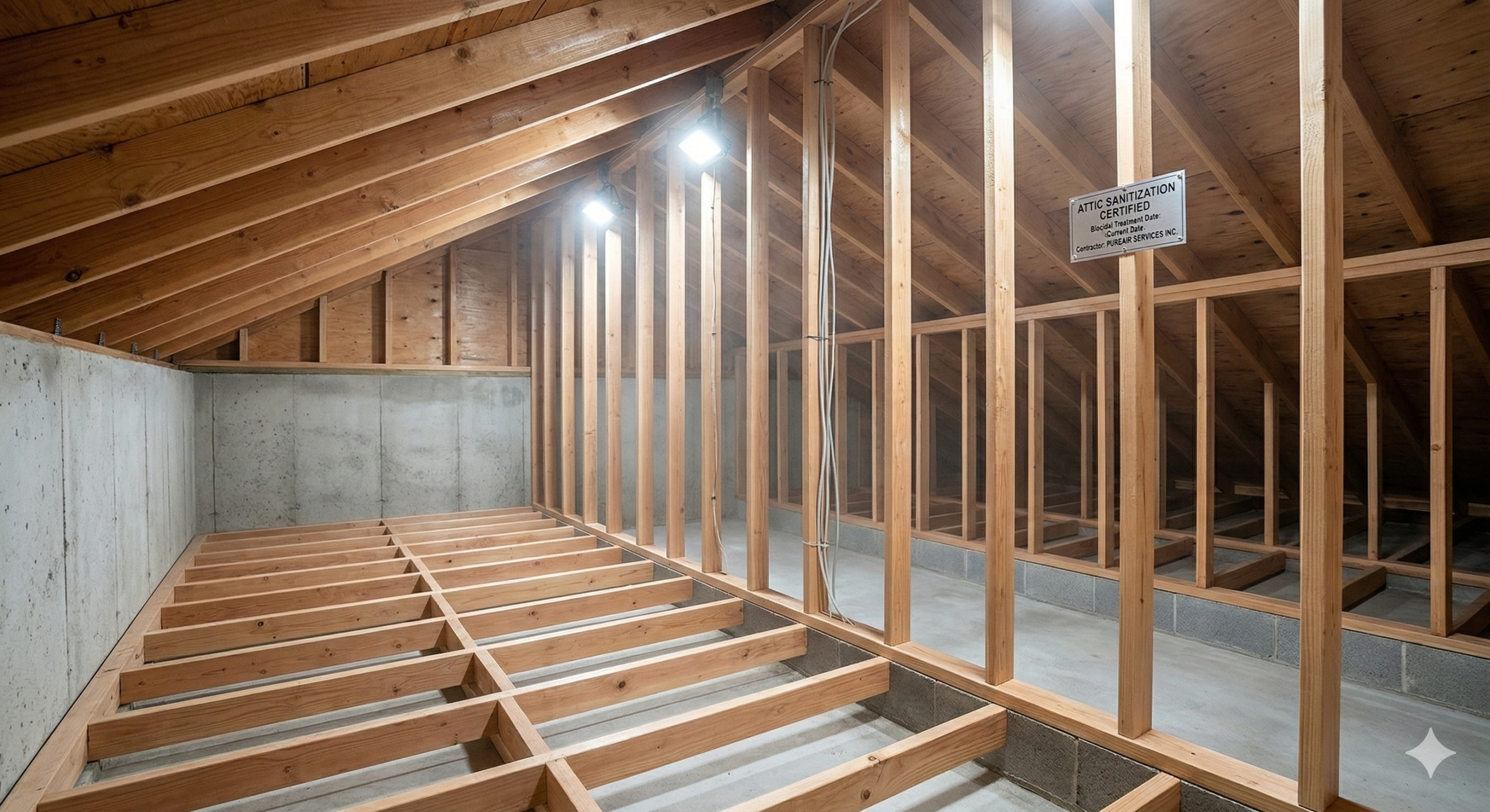 A pristine attic space after full insulation removal and professional biocidal sanitization.