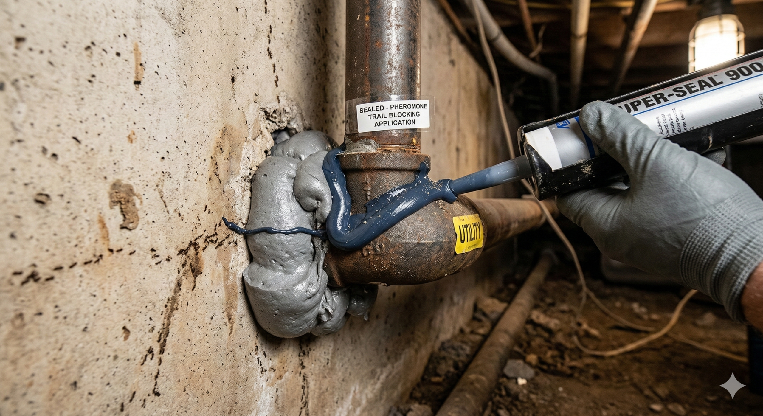 Industrial-grade foam and sealant being applied to a utility pipe penetration to block pheromone trails.
