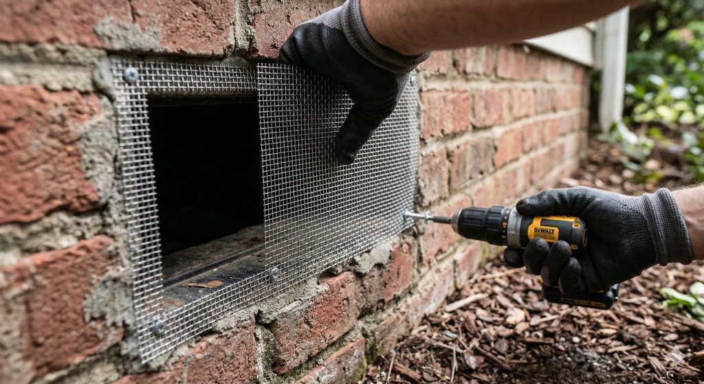 Close-up of stainless steel exclusion mesh being precision-fitted over a residential crawl space vent
