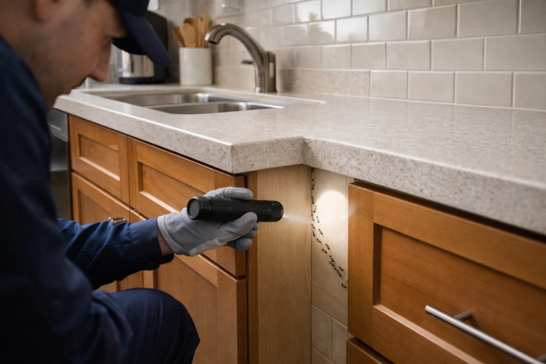 ant inspection near sink and cabinets orange county ca pest control 714-236-1200