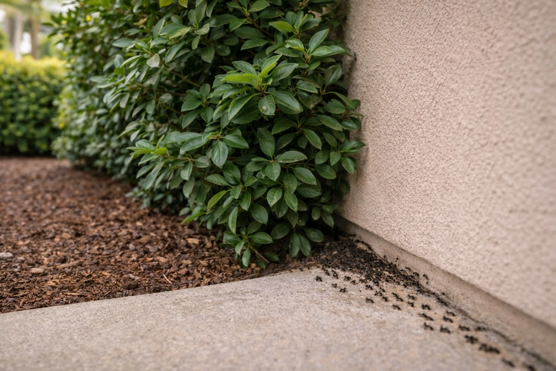 landscape touching home causing ant access orange county ca pest control 714-236-1200