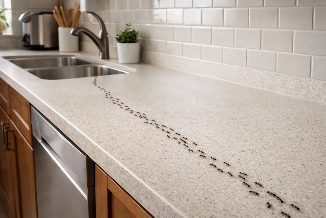 ant trail along kitchen counter orange county ca pest control 714-236-1200