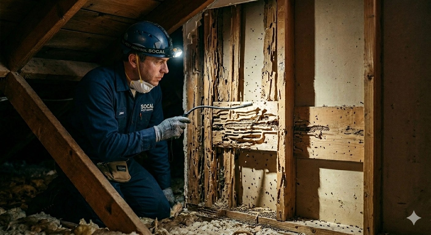 drywood termite damage inside wall framing southern california termite control (714) 236-1200