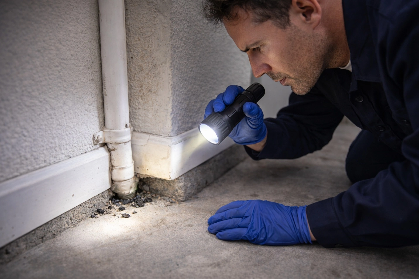 Mouse control inspection of small entry points near wall Orange County CA technician