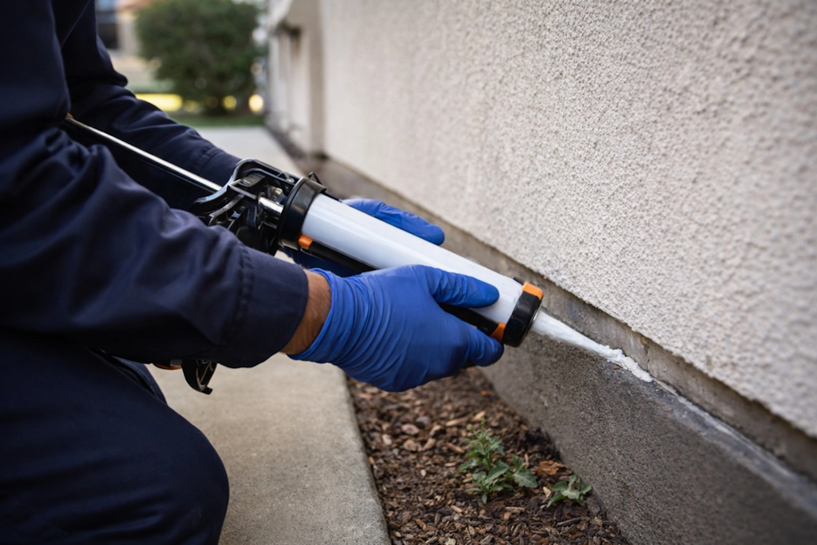 Mouse control entry point sealing on home exterior Orange County CA pest technician working