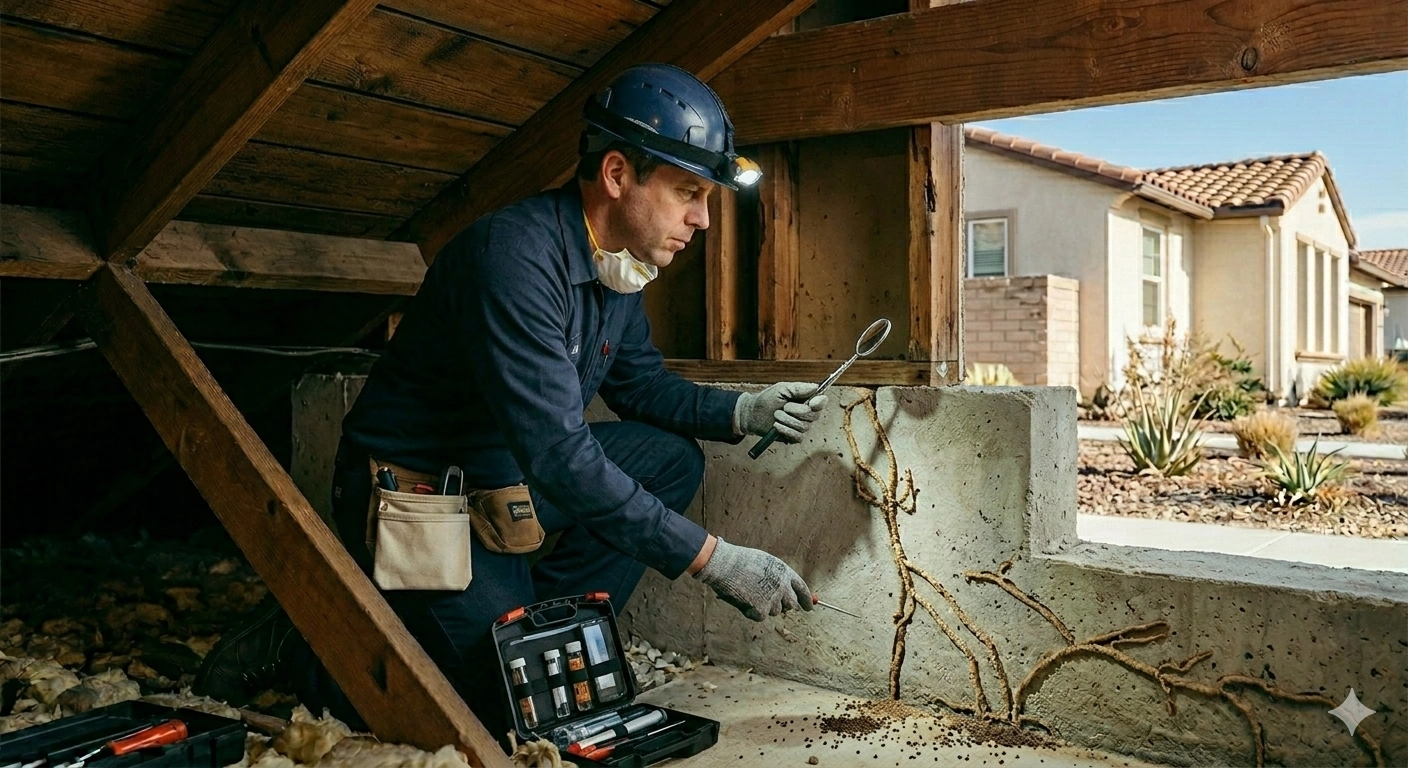 pest control technician performing termite inspection around house foundation