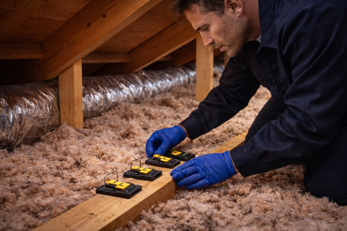 Rat control trap placement in attic Orange County CA pest control technician working