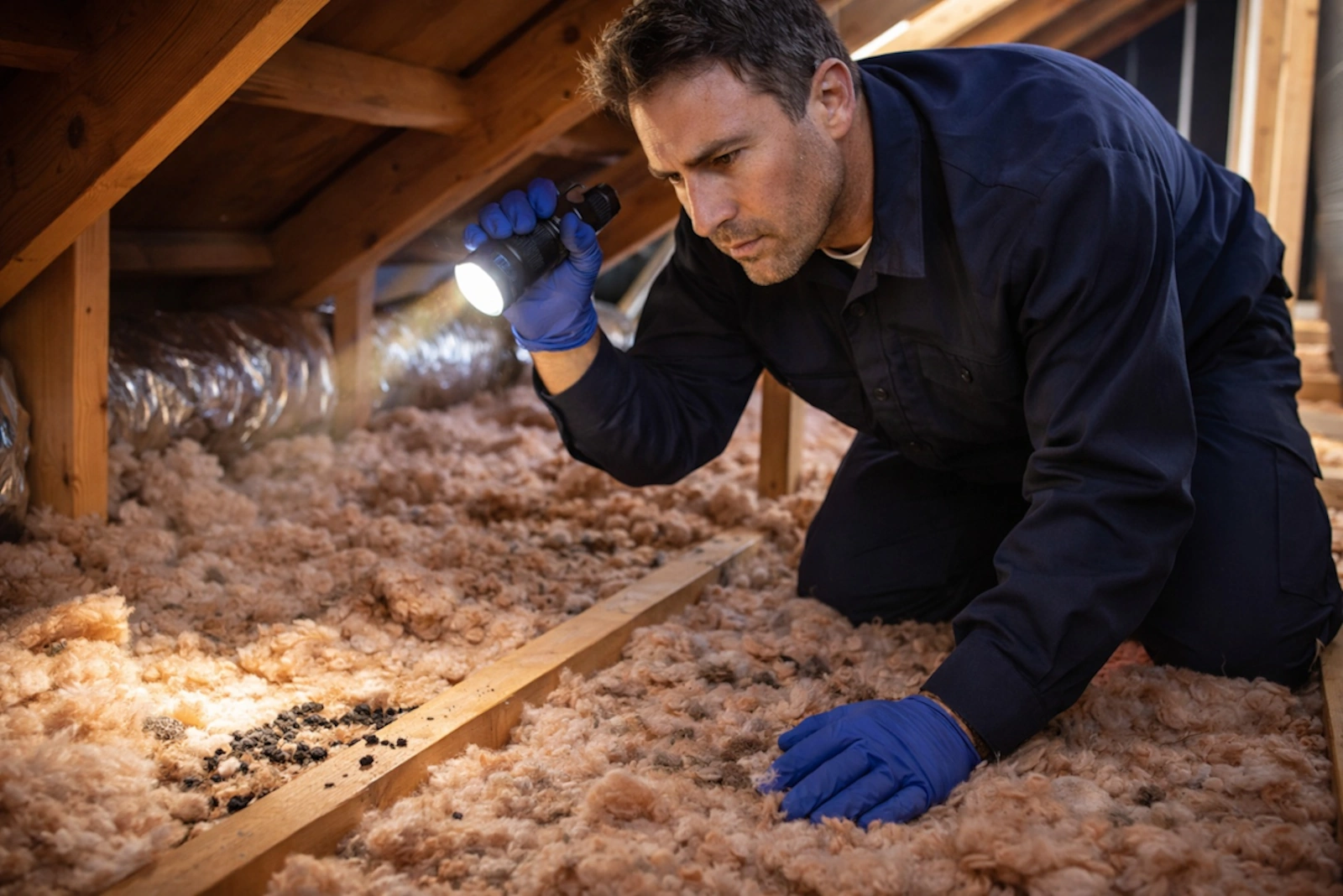 Rodent control inspection in attic Orange County CA technician checking for rat activity