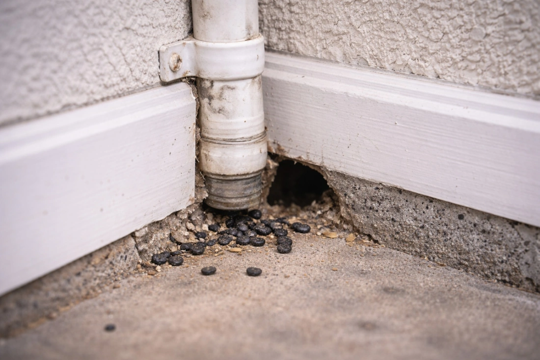 Rodent entry point near pipe penetration Orange County CA pest control service