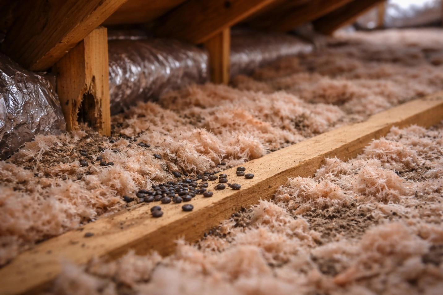 Rodent infestation signs in attic insulation droppings and damage Orange County CA
