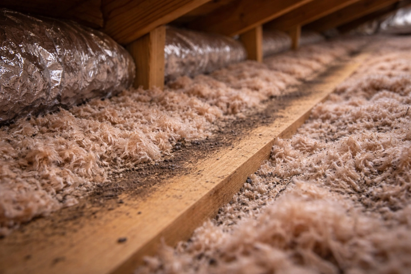 Rodent travel paths along attic beams Orange County CA pest control inspection