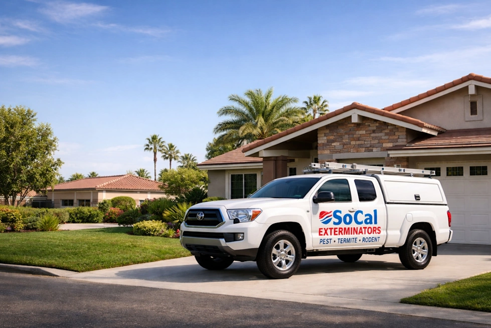 pest control truck parked at orange county home socal exterminators 714-236-1200