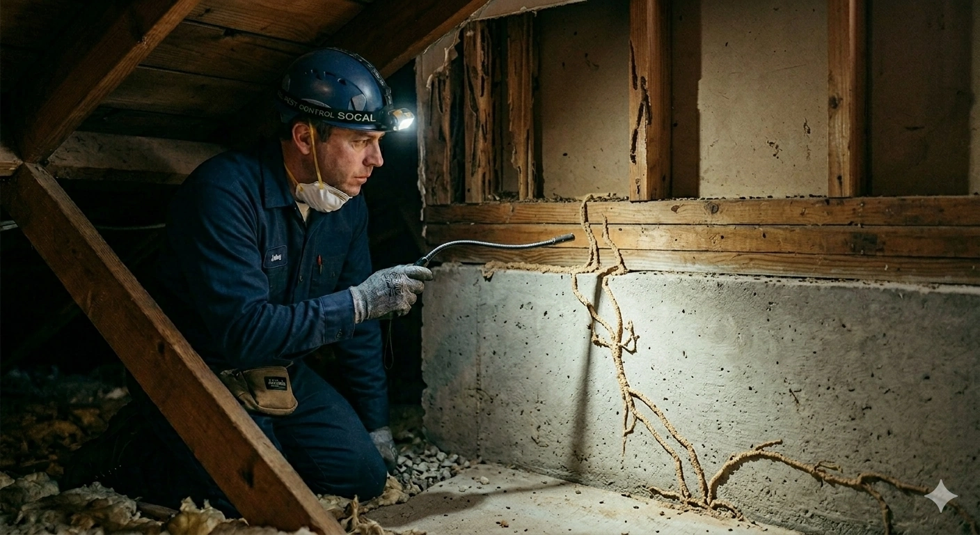 subterranean termite mud tubes on foundation during home inspection orange county (714) 236-1200 