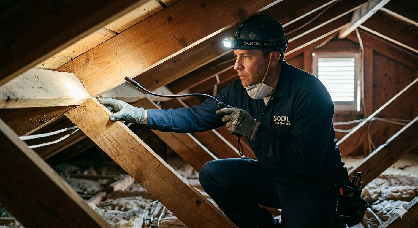 termite inspector examining attic rafters for colony activity socal pest control (714) 236-1200