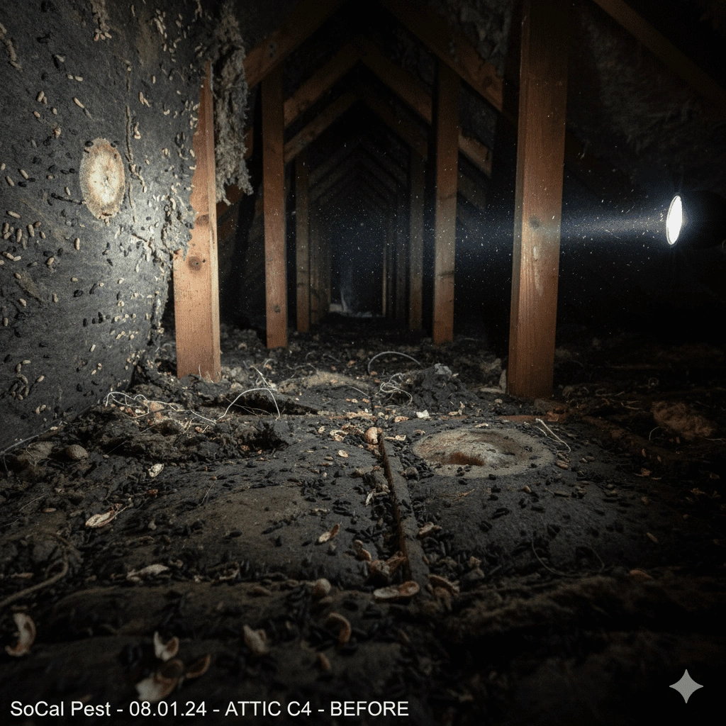 Before termite inspection shows frass and activity in attic wood - call 714-236-1200