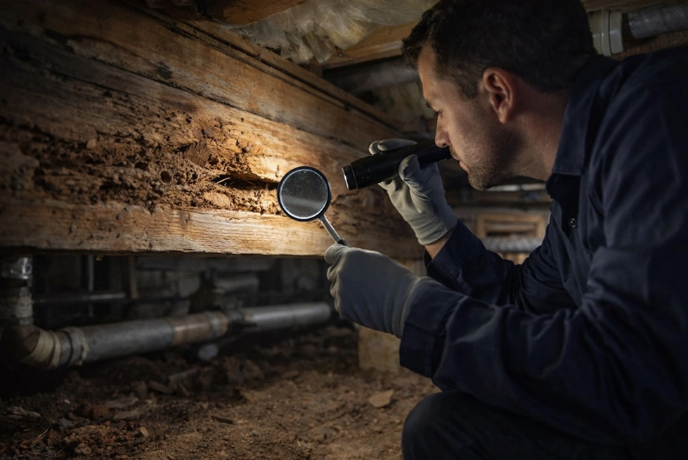 Pest inspector checking eaves and attic access in Orange County - call 714-236-1200